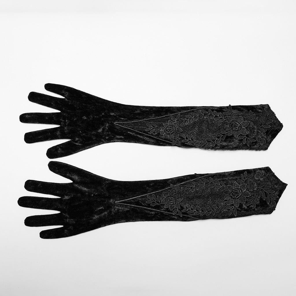 PUNK RAVE Women's Gothic Floral Embroidered Lace-up Velvet Gloves Black