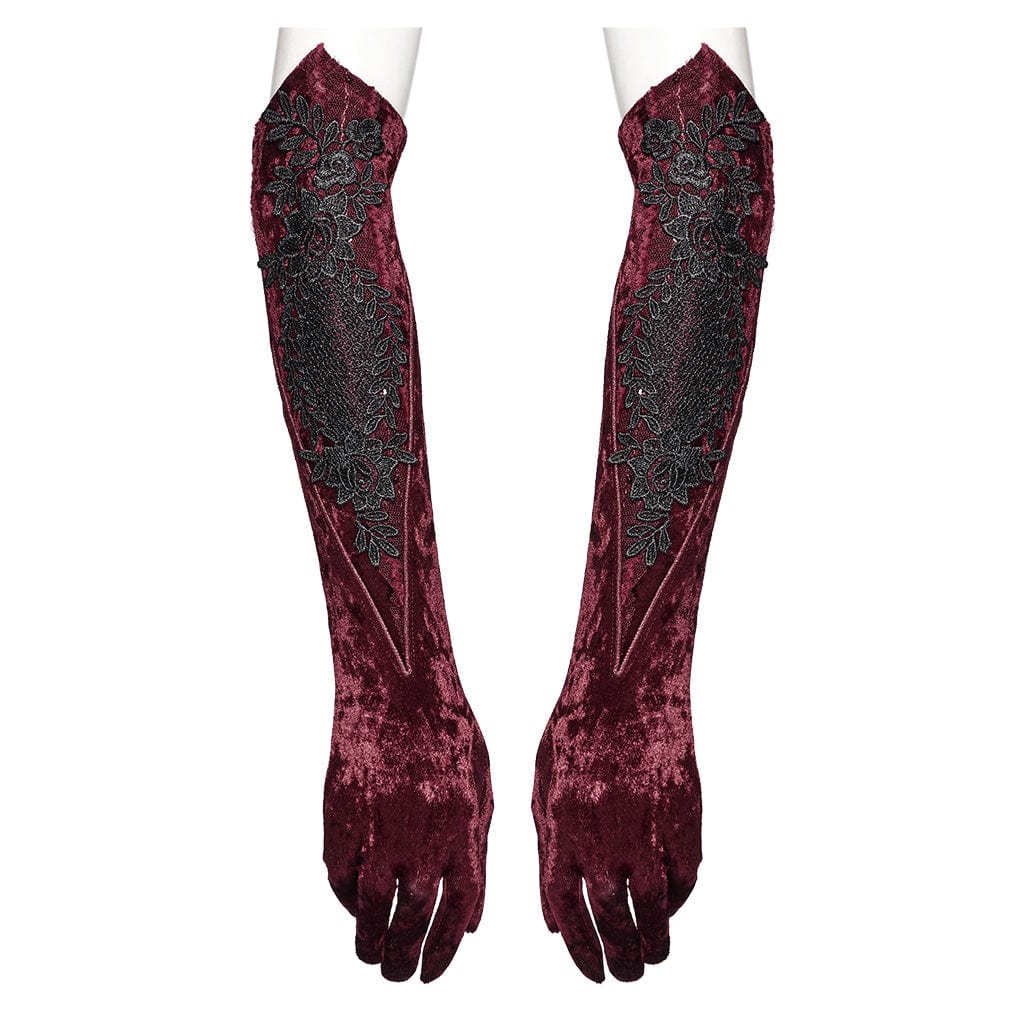 PUNK RAVE Women's Gothic Floral Embroidered Lace-up Velvet Gloves Red