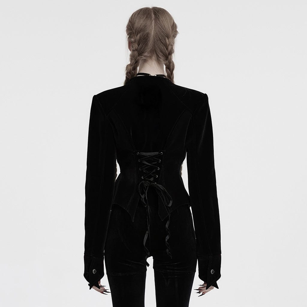 PUNK RAVE Women's Gothic Floral Embroidered Lace-up Velvet Jacket Black