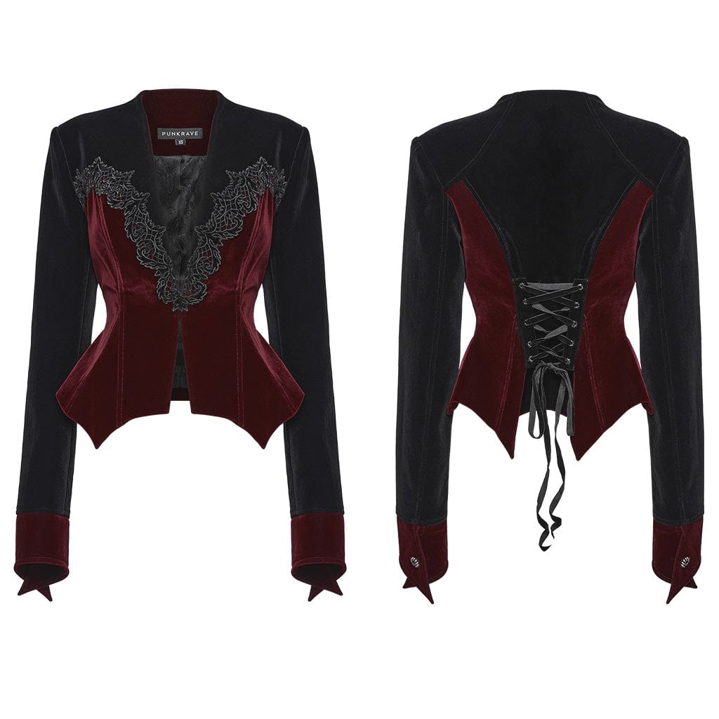 PUNK RAVE Women's Gothic Floral Embroidered Lace-up Velvet Jacket Red