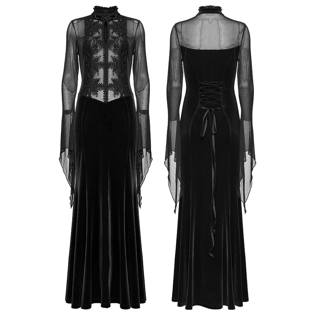 PUNK RAVE Women's Gothic Floral Embroidered Mesh Splice Maxi Dress Black