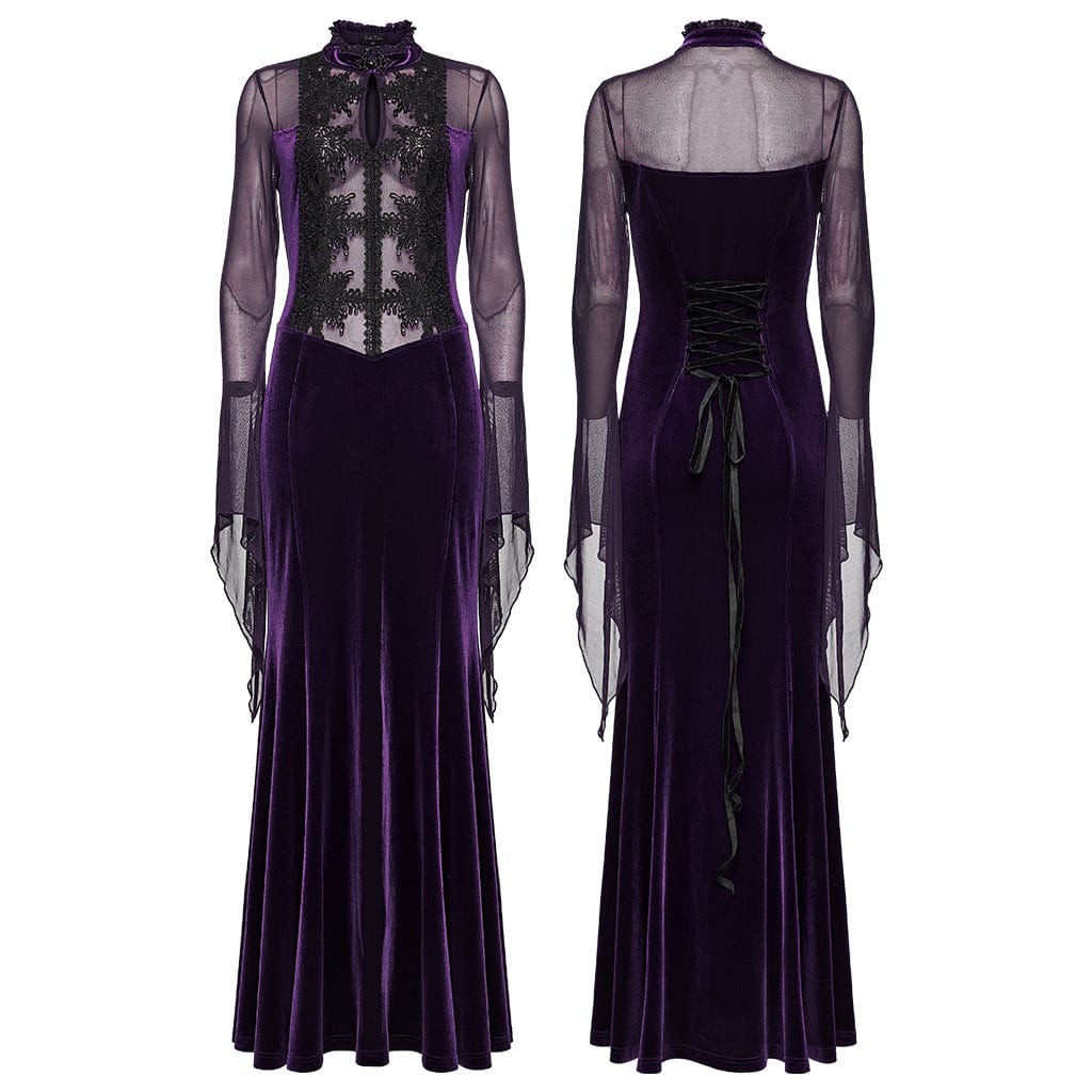 PUNK RAVE Women's Gothic Floral Embroidered Mesh Splice Maxi Dress Violet