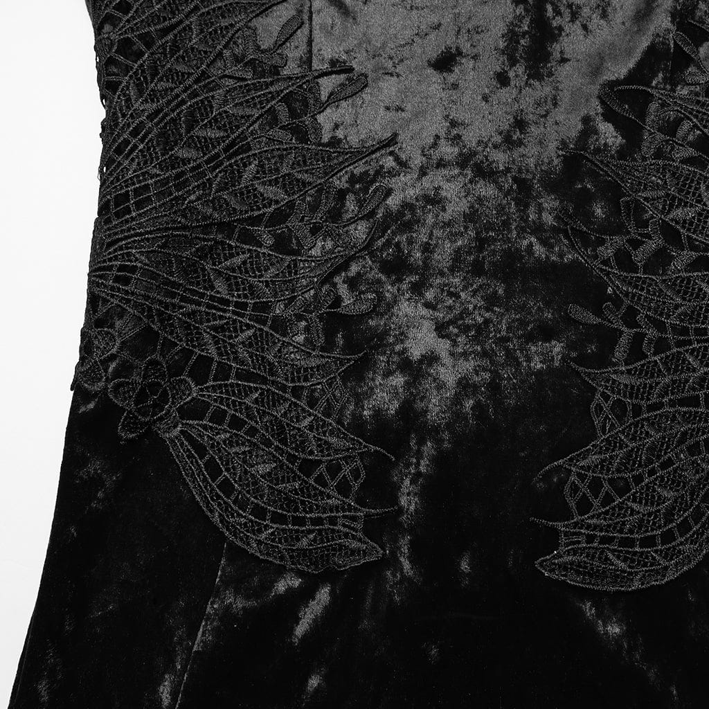 PUNK RAVE Women's Gothic Floral Embroidered Mesh Splice Party Dress Black