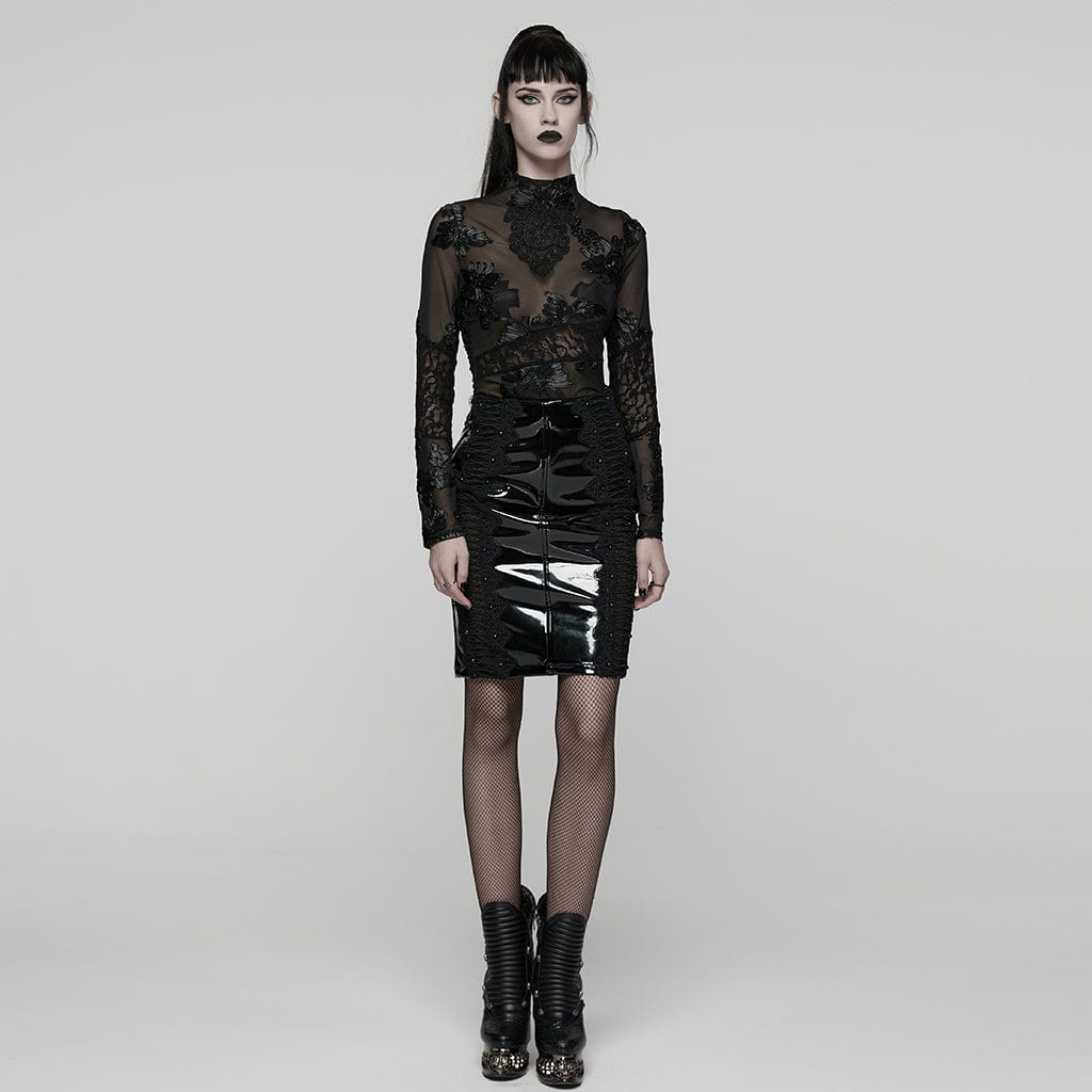 PUNK RAVE Women's Gothic Floral Embroidered Mesh Top