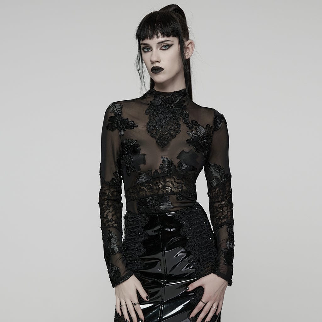 PUNK RAVE Women's Gothic Floral Embroidered Mesh Top