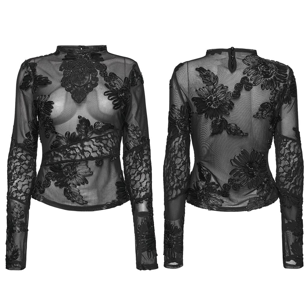 PUNK RAVE Women's Gothic Floral Embroidered Mesh Top