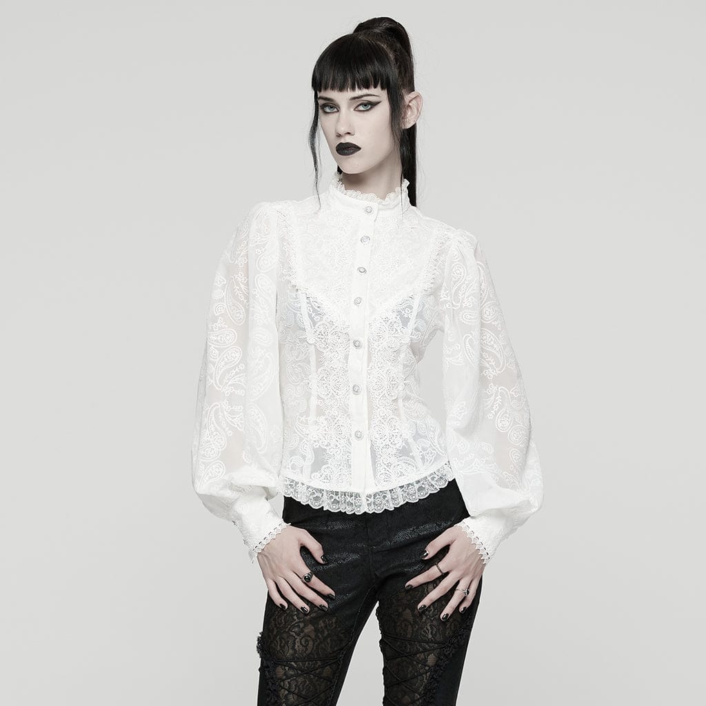 PUNK RAVE Women's Gothic Floral Embroidered Puff Sleeved Ruffle Shirt