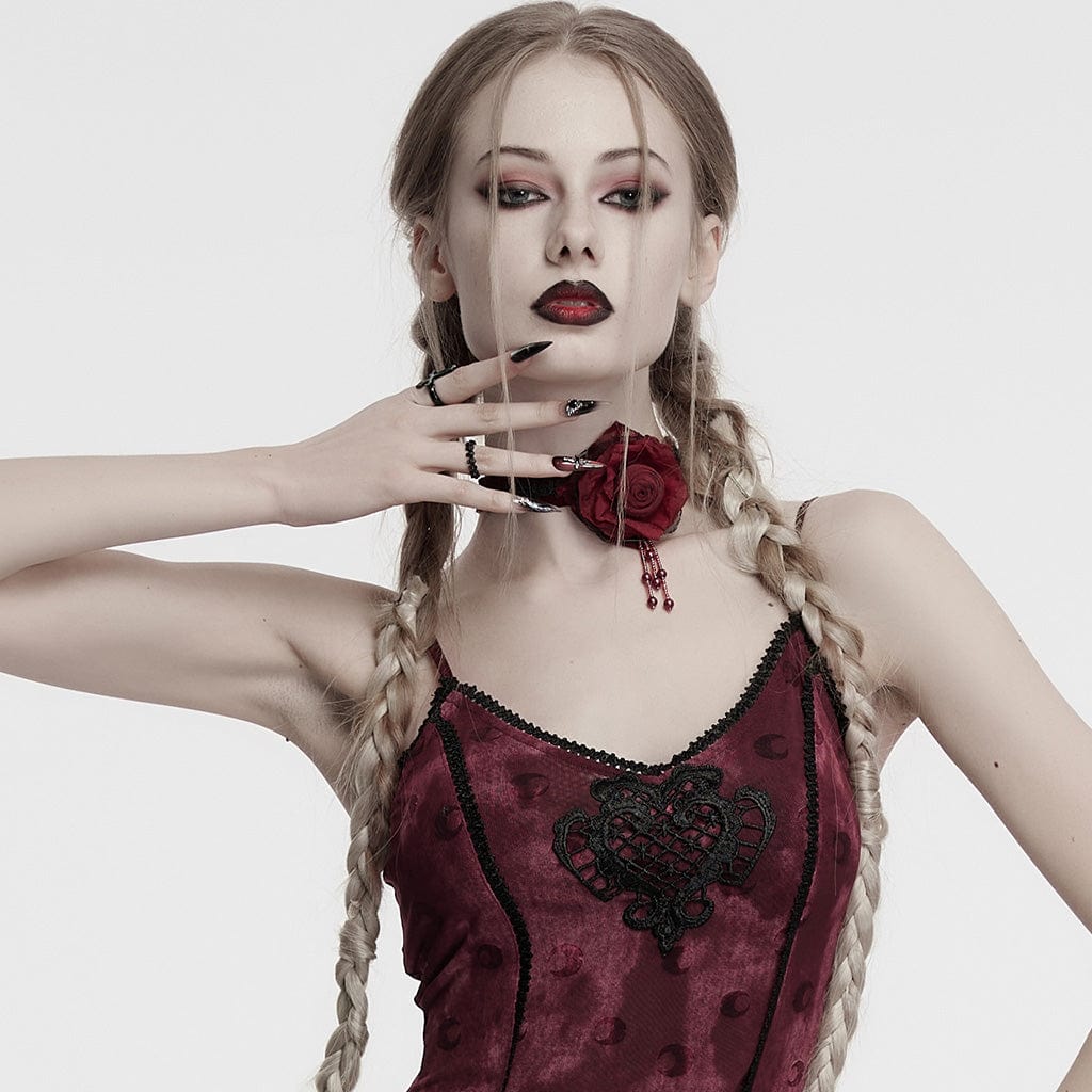 PUNK RAVE Women's Gothic Floral Embroidered Rose Velvet Choker Red