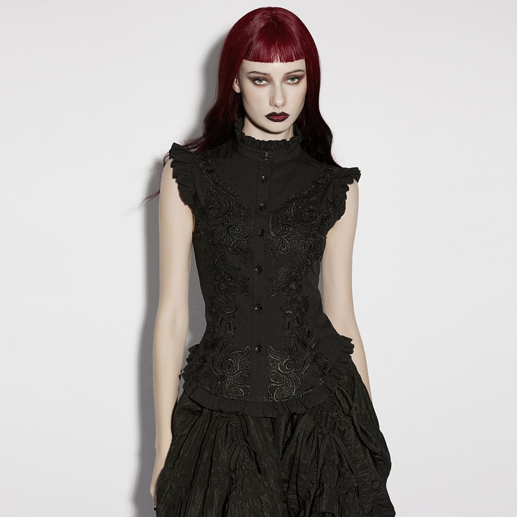 PUNK RAVE Women's Gothic Floral Embroidered Ruffled Stand Collar Shirt