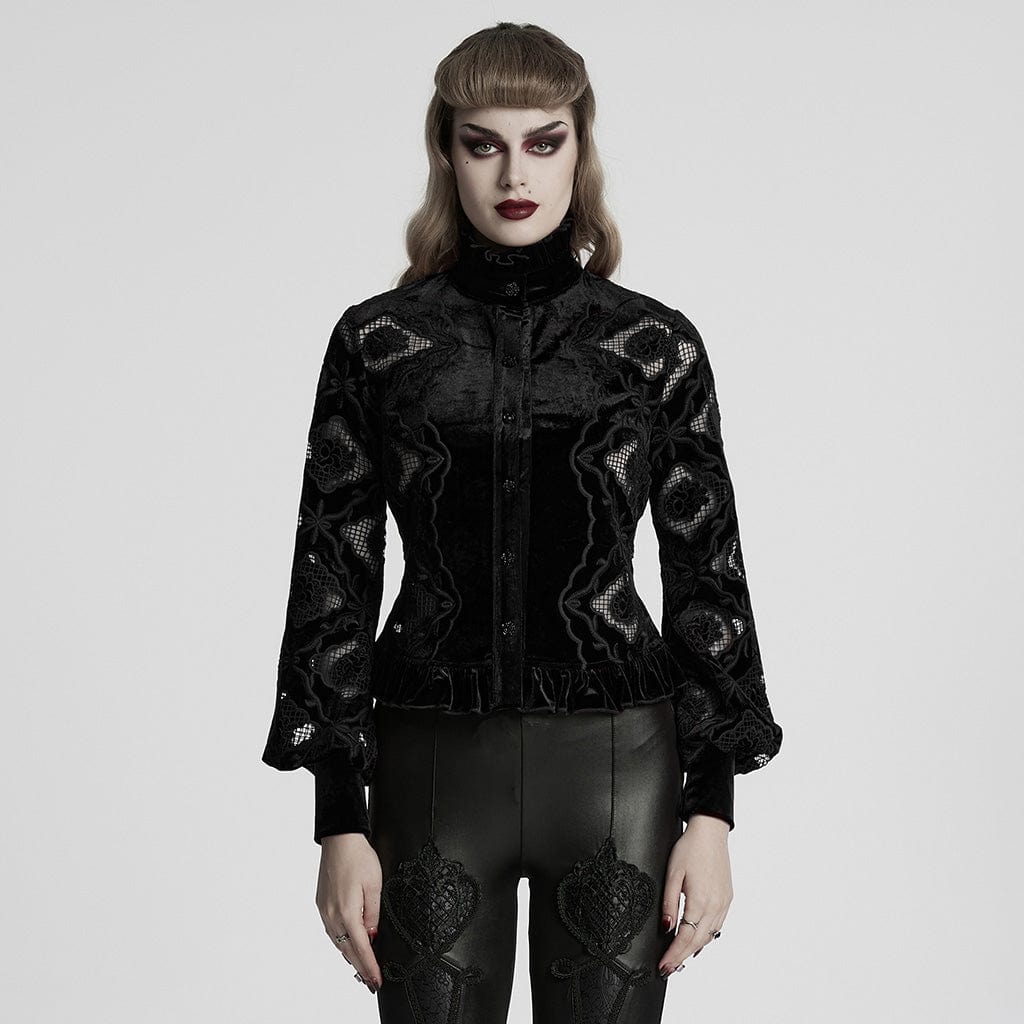 PUNK RAVE Women's Gothic Floral Embroidered Ruffled Velvet Shirt Black
