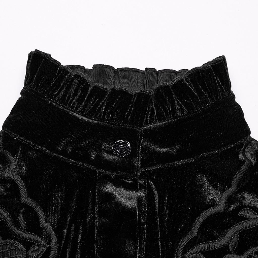 PUNK RAVE Women's Gothic Floral Embroidered Ruffled Velvet Shirt Black