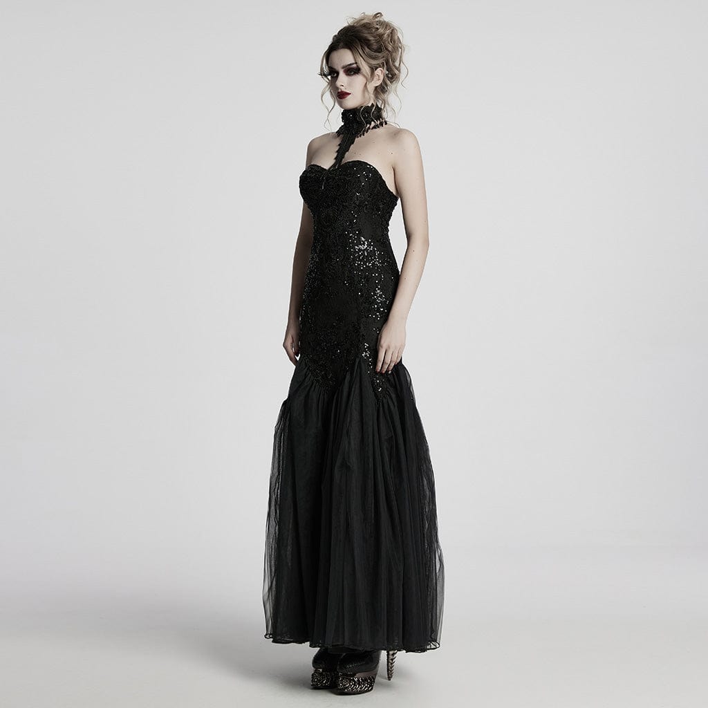 PUNK RAVE Women's Gothic Floral Embroidered Sequin Fishtail Wedding Slip Dress
