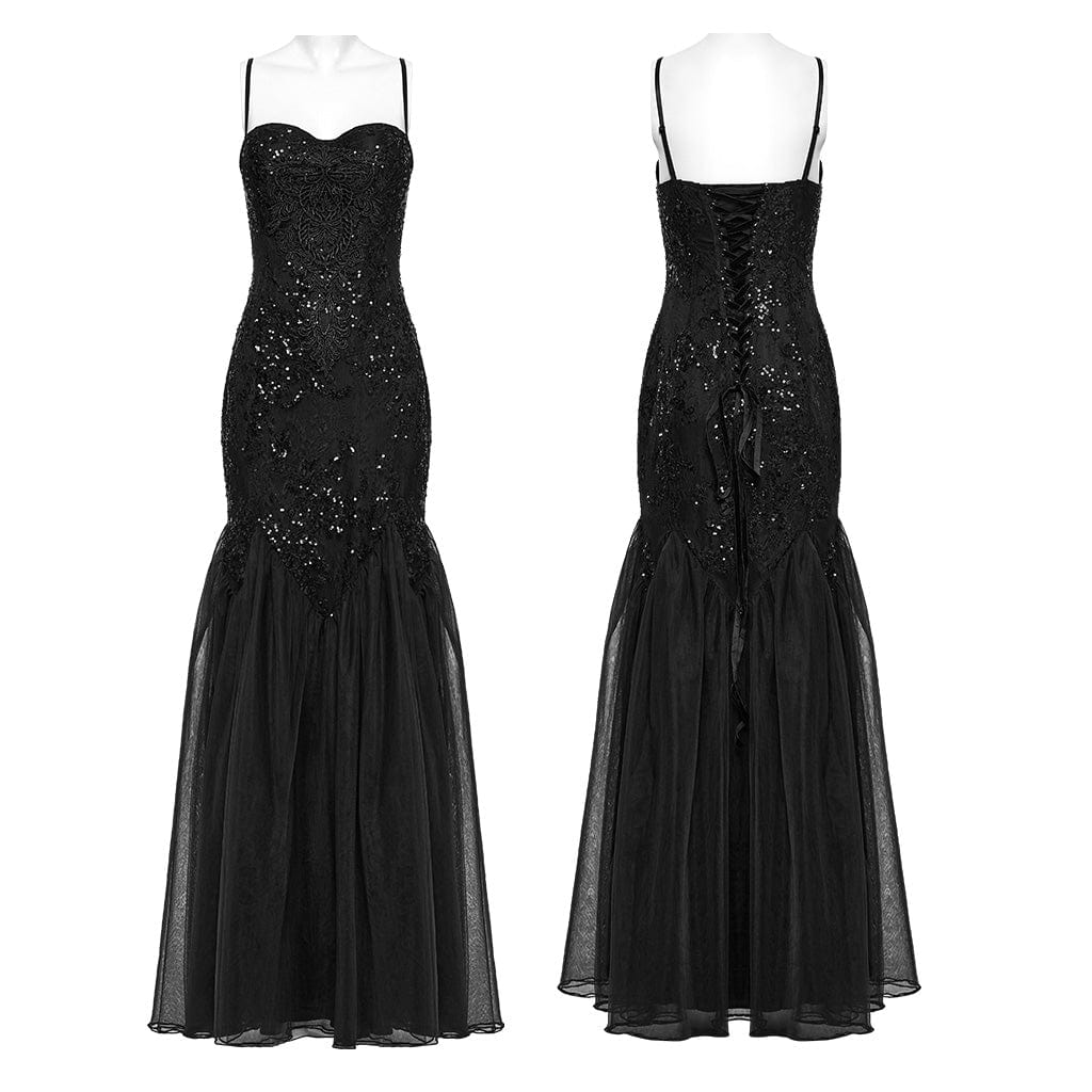 PUNK RAVE Women's Gothic Floral Embroidered Sequin Fishtail Wedding Slip Dress