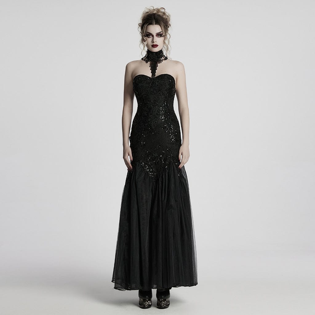 PUNK RAVE Women's Gothic Floral Embroidered Sequin Fishtail Wedding Slip Dress