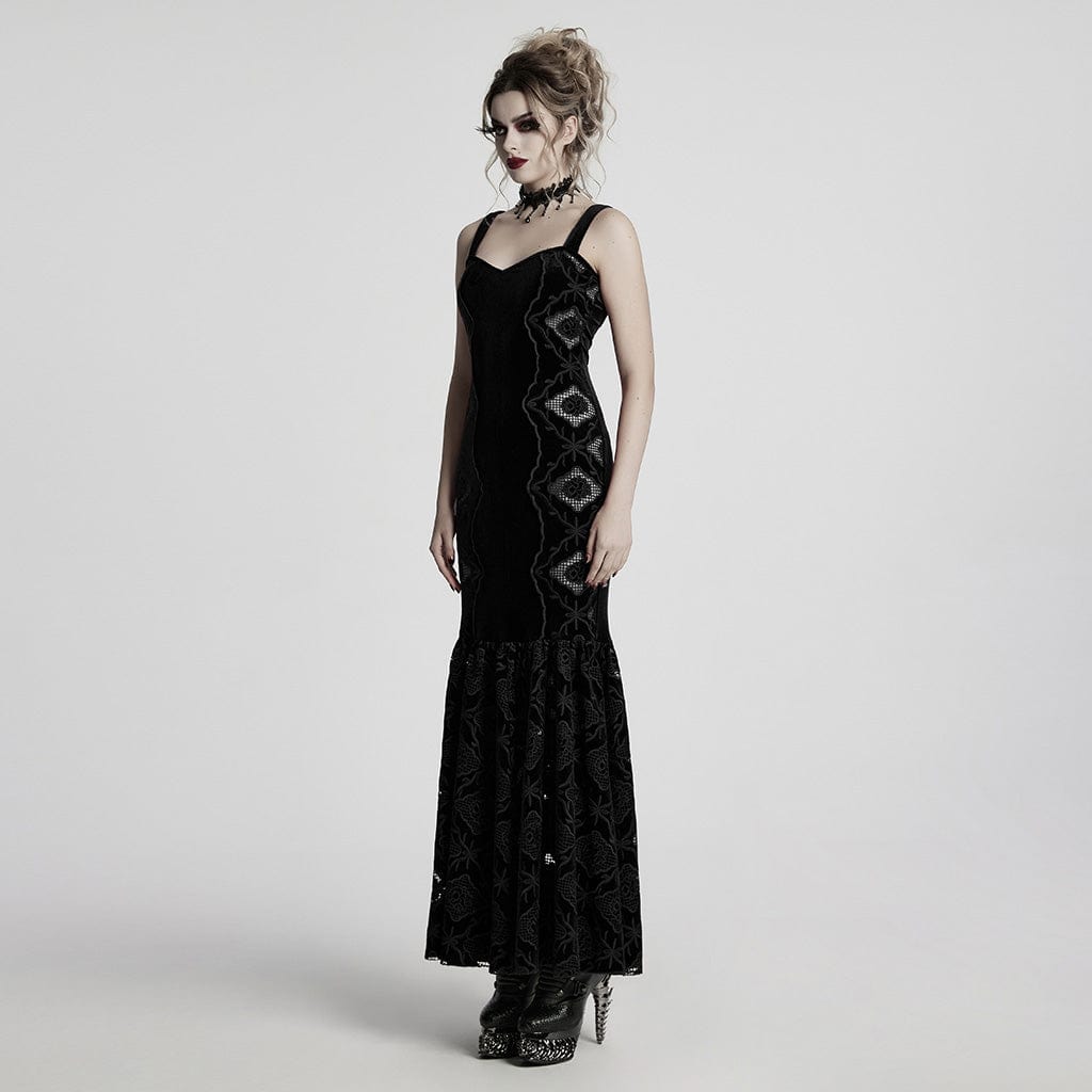 PUNK RAVE Women's Gothic Floral Embroidered Velvet Fishtail Slip Dress Black