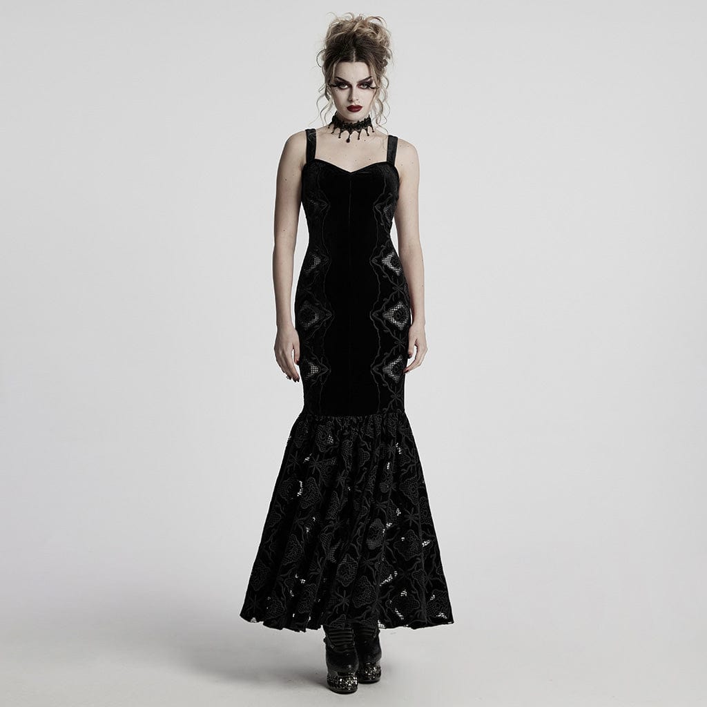 PUNK RAVE Women's Gothic Floral Embroidered Velvet Fishtail Slip Dress Black