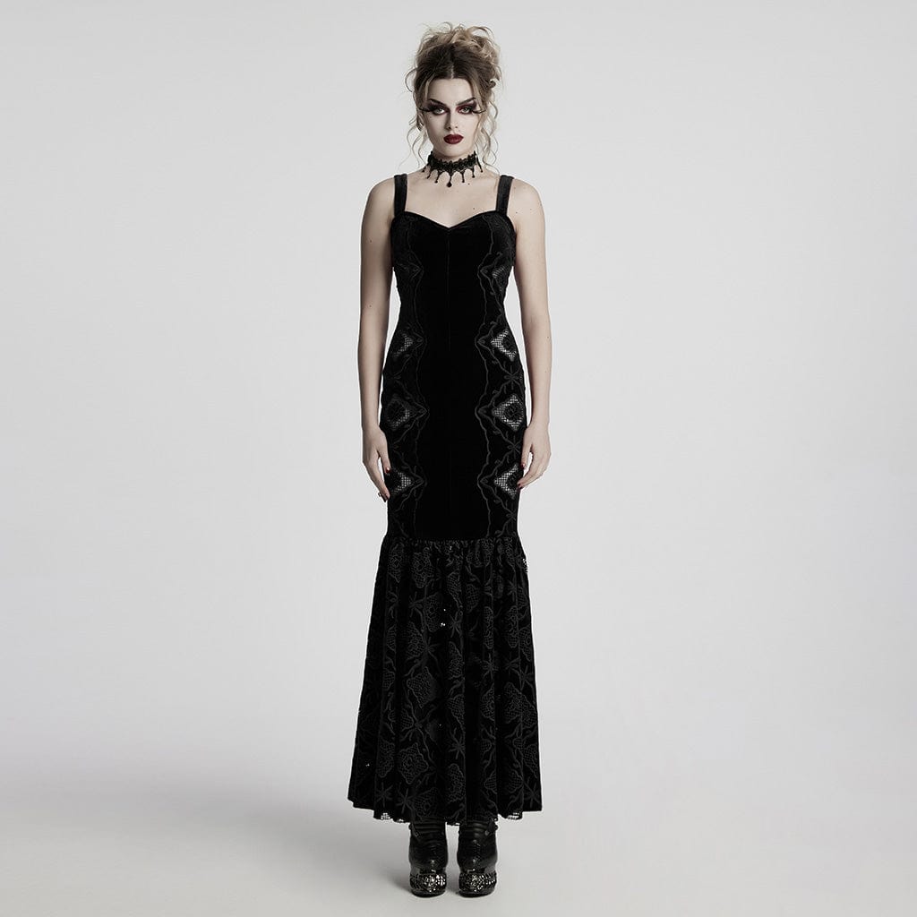PUNK RAVE Women's Gothic Floral Embroidered Velvet Fishtail Slip Dress Black