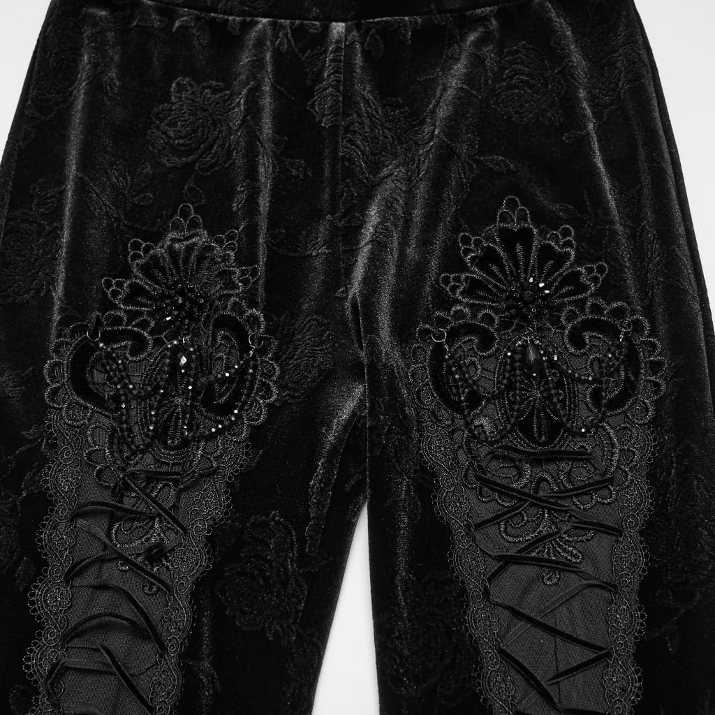 PUNK RAVE Women's Gothic Floral Jacquard Embroidered Velvet Leggings Black