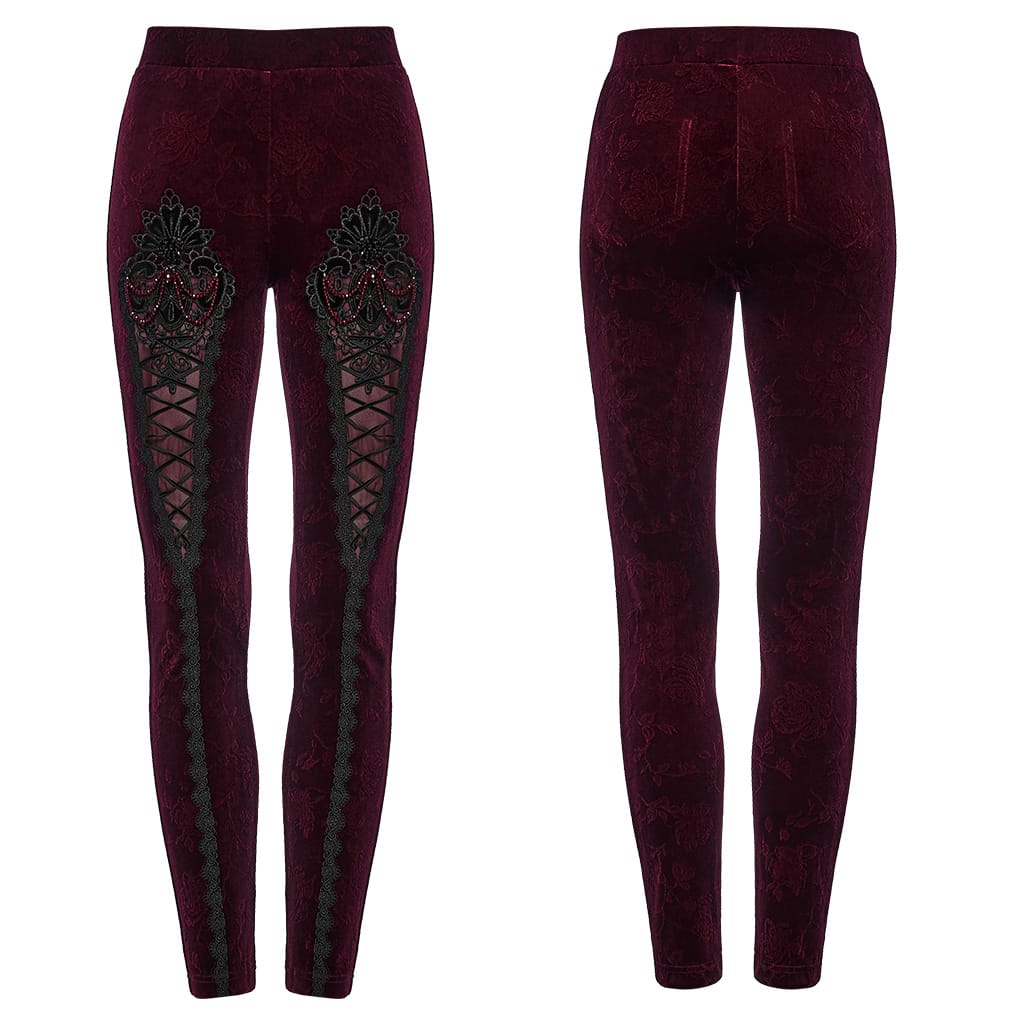 PUNK RAVE Women's Gothic Floral Jacquard Embroidered Velvet Leggings Red
