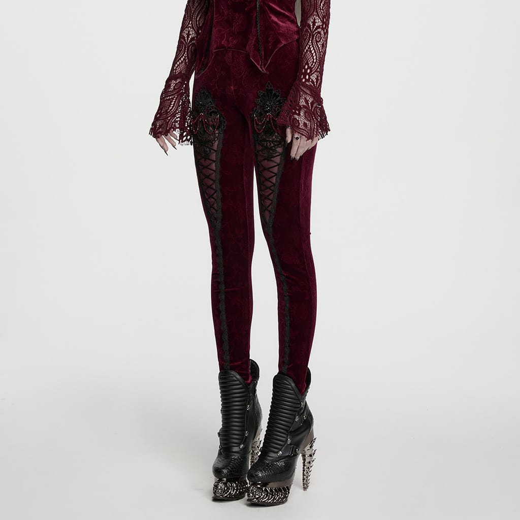 PUNK RAVE Women's Gothic Floral Jacquard Embroidered Velvet Leggings Red