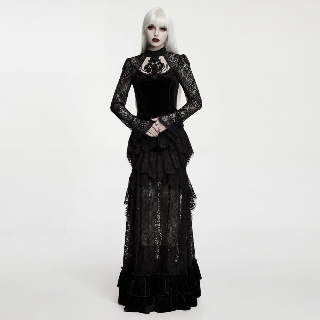 PUNK RAVE Women's Gothic Floral Jacquard Lace Long Sleeve Velvet Top Black
