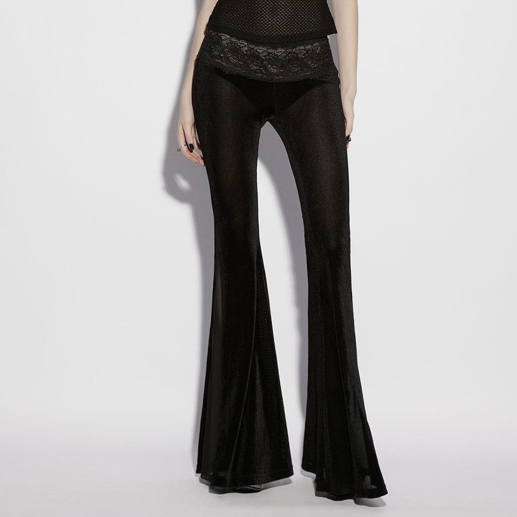 PUNK RAVE Women's Gothic Floral Lace Mesh Splice Flared Pants