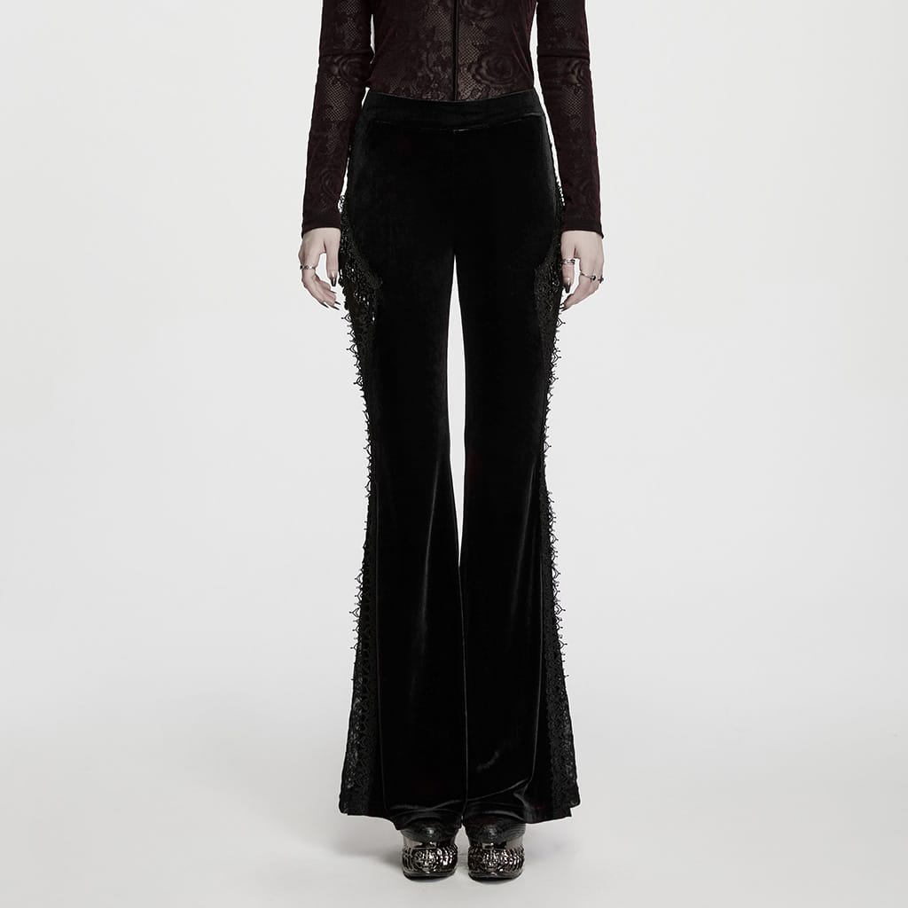PUNK RAVE Women's Gothic Floral Lace Spliced Beaded Tassel Flared Pants Black