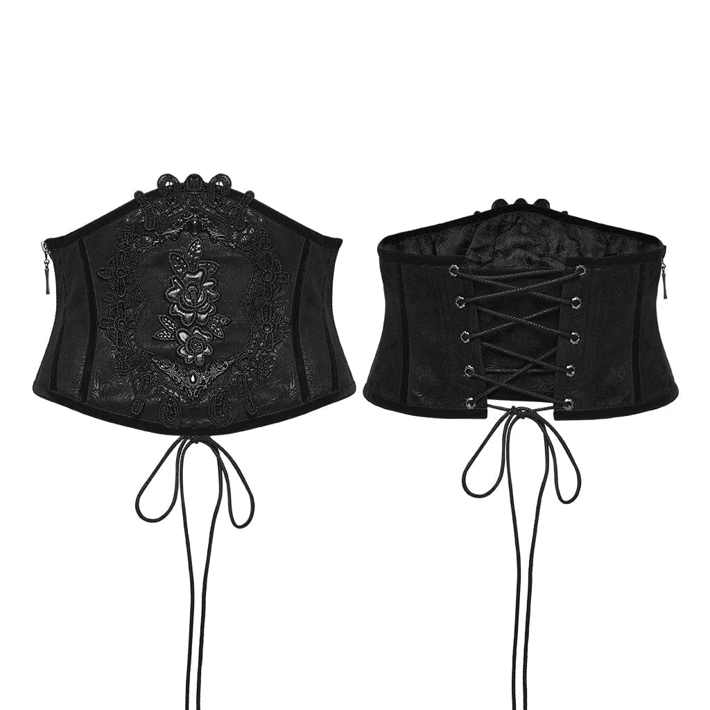 PUNK RAVE Women's Gothic Floral Lace-up Side Zipper Underbust Corset Black
