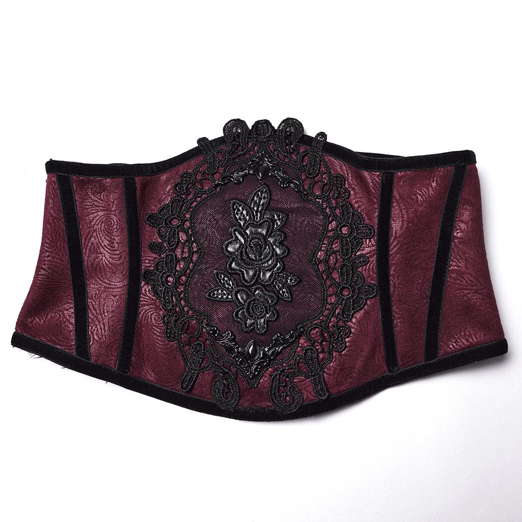 PUNK RAVE Women's Gothic Floral Lace-up Side Zipper Underbust Corset Red