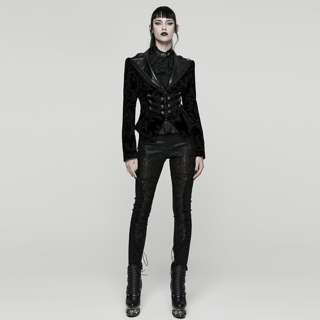 PUNK RAVE Women's Gothic Floral Printed Lace-up Jacket Black