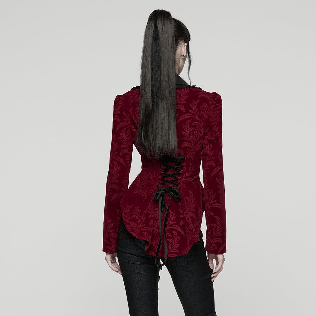 PUNK RAVE Women's Gothic Floral Printed Lace-up Jacket Red