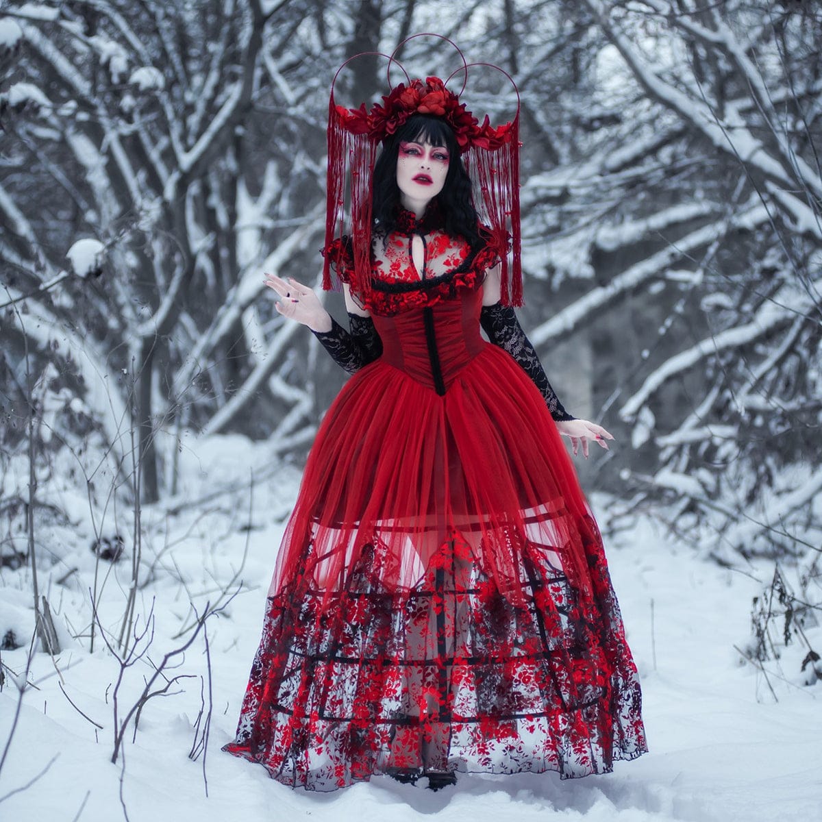 Women's Gothic Floral Printed Lace-up Prom Dress Wedding Dress – Punk Design