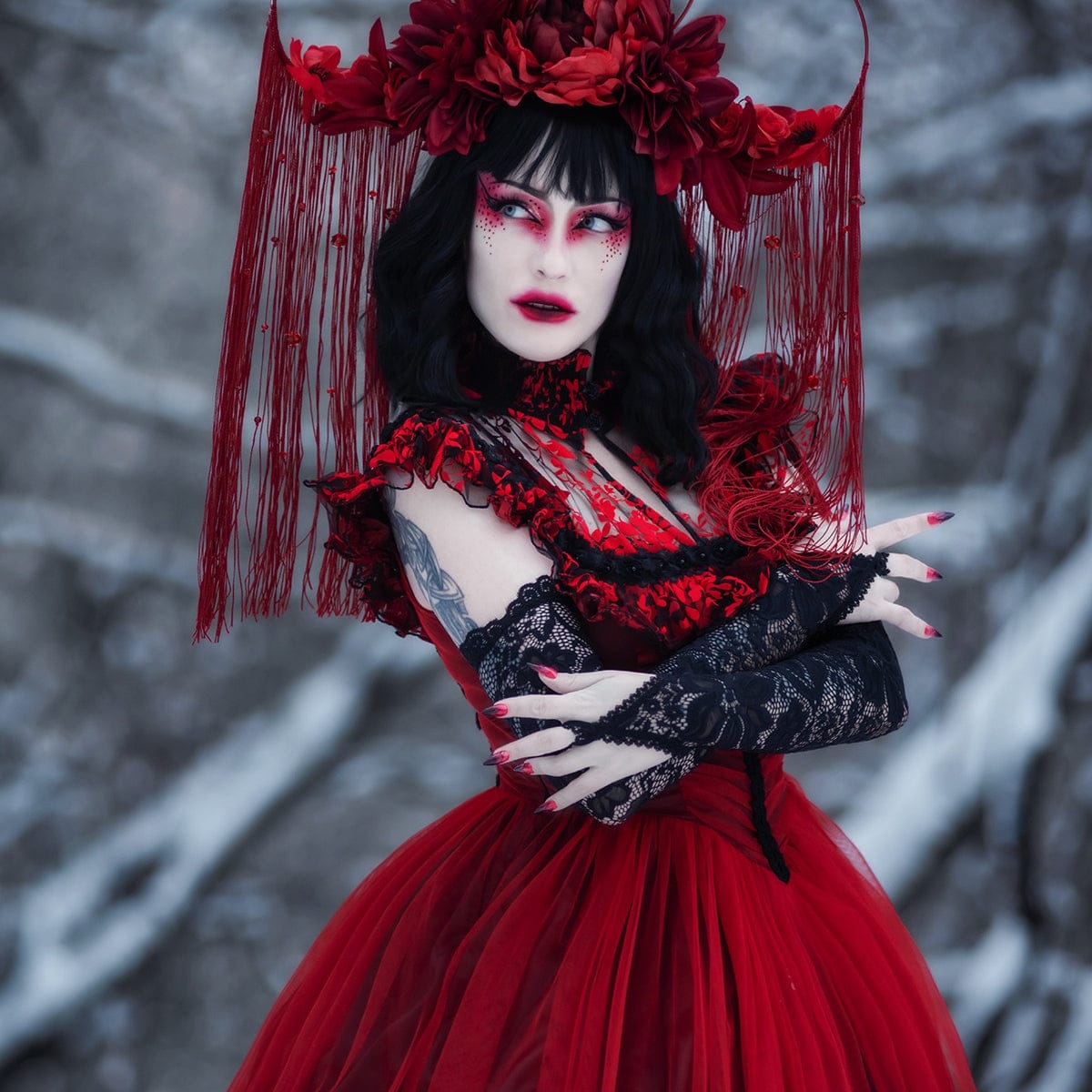 PUNK RAVE Women's Gothic Floral Printed Lace-up Prom Dress