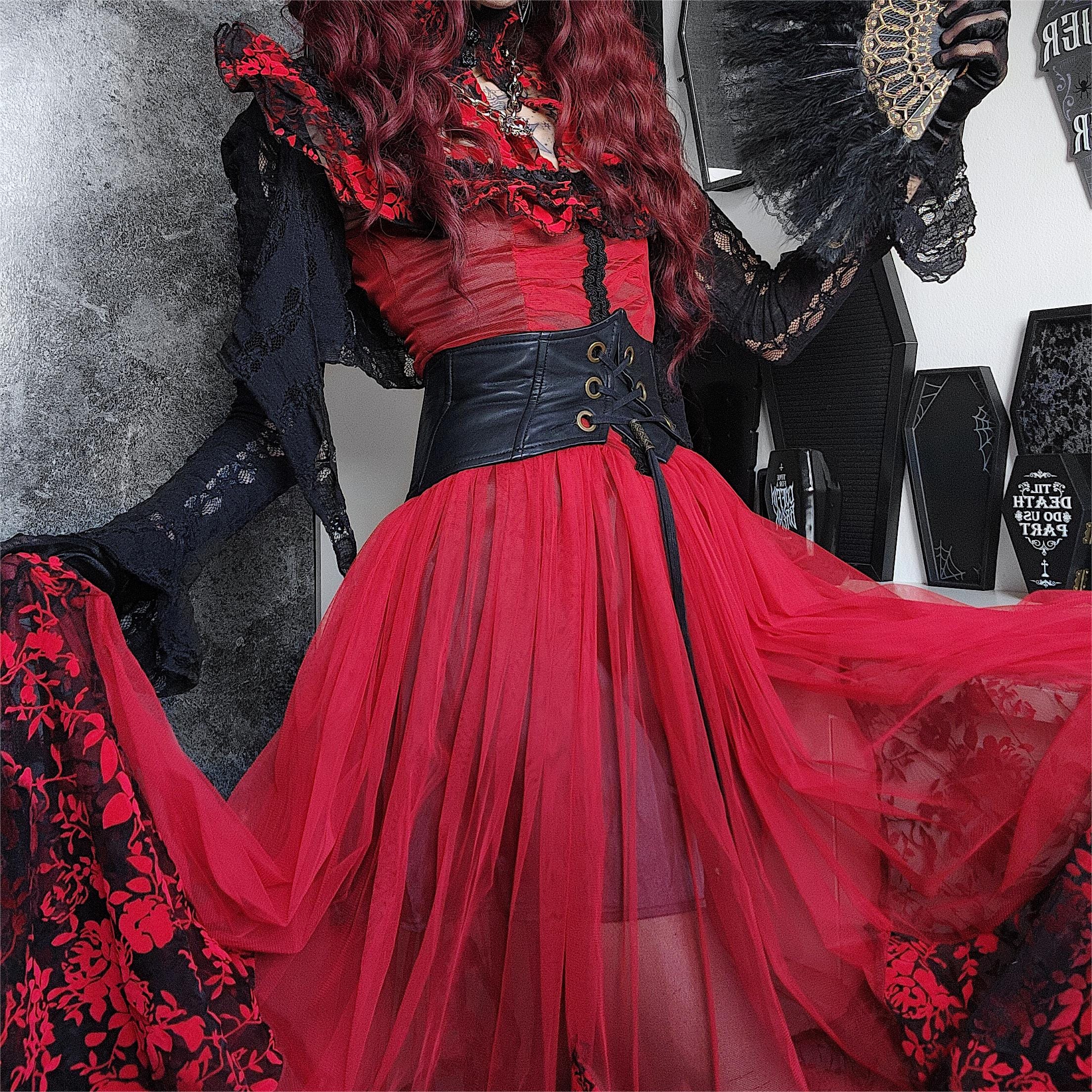 PUNK RAVE Women's Gothic Floral Printed Lace-up Prom Dress Wedding Dress