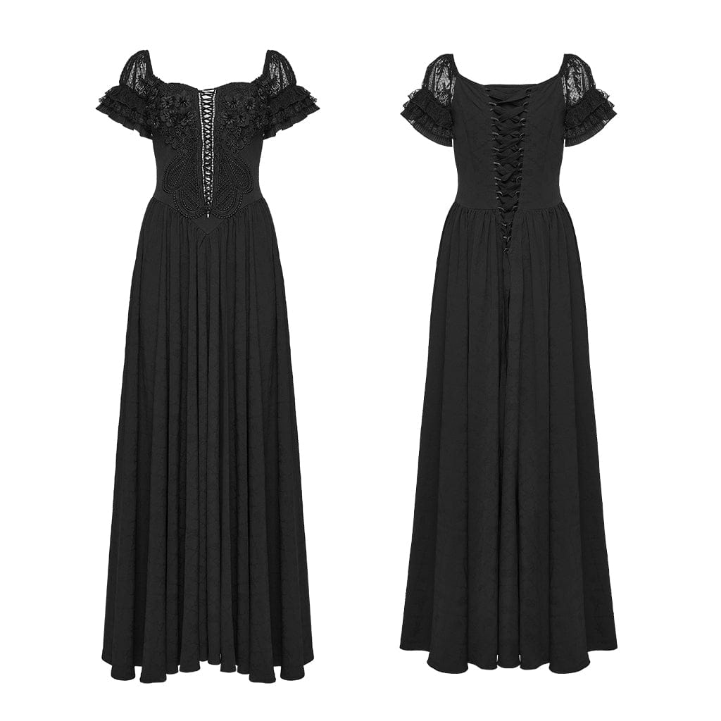 PUNK RAVE Women's Gothic Floral Ruffled Off Shoulder Maxi Dress