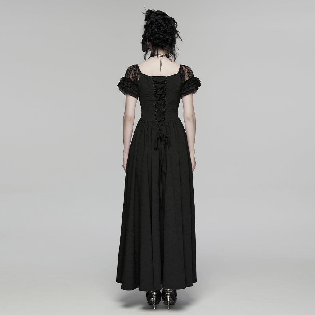 PUNK RAVE Women's Gothic Floral Ruffled Off Shoulder Maxi Dress