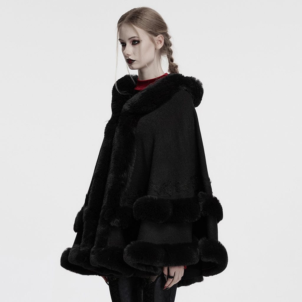 PUNK RAVE Women's Gothic Fluffy Hooded Winter Cloak Black