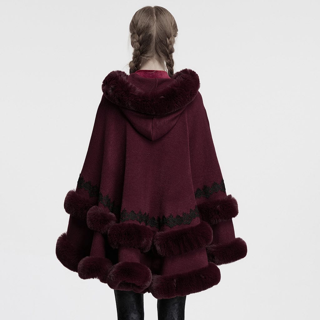 PUNK RAVE Women's Gothic Fluffy Hooded Winter Cloak Red