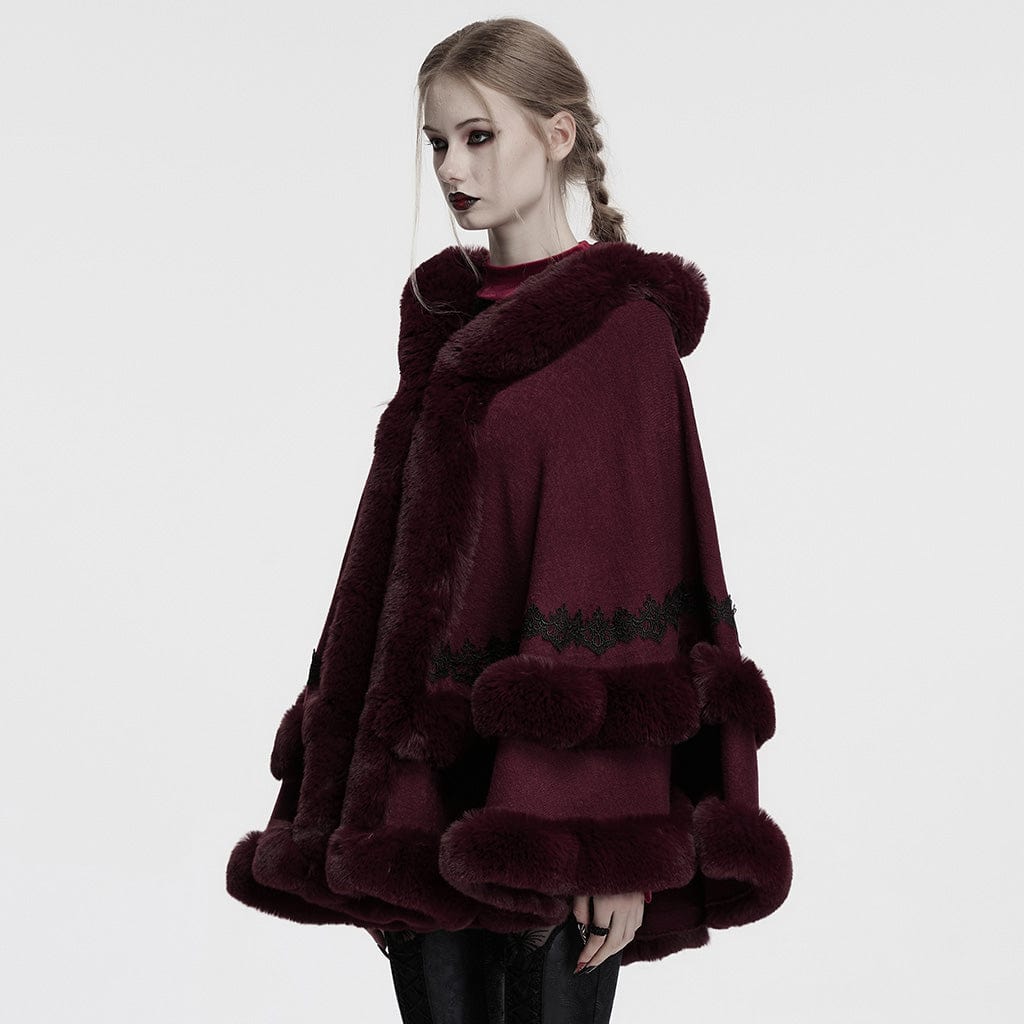 PUNK RAVE Women's Gothic Fluffy Hooded Winter Cloak Red