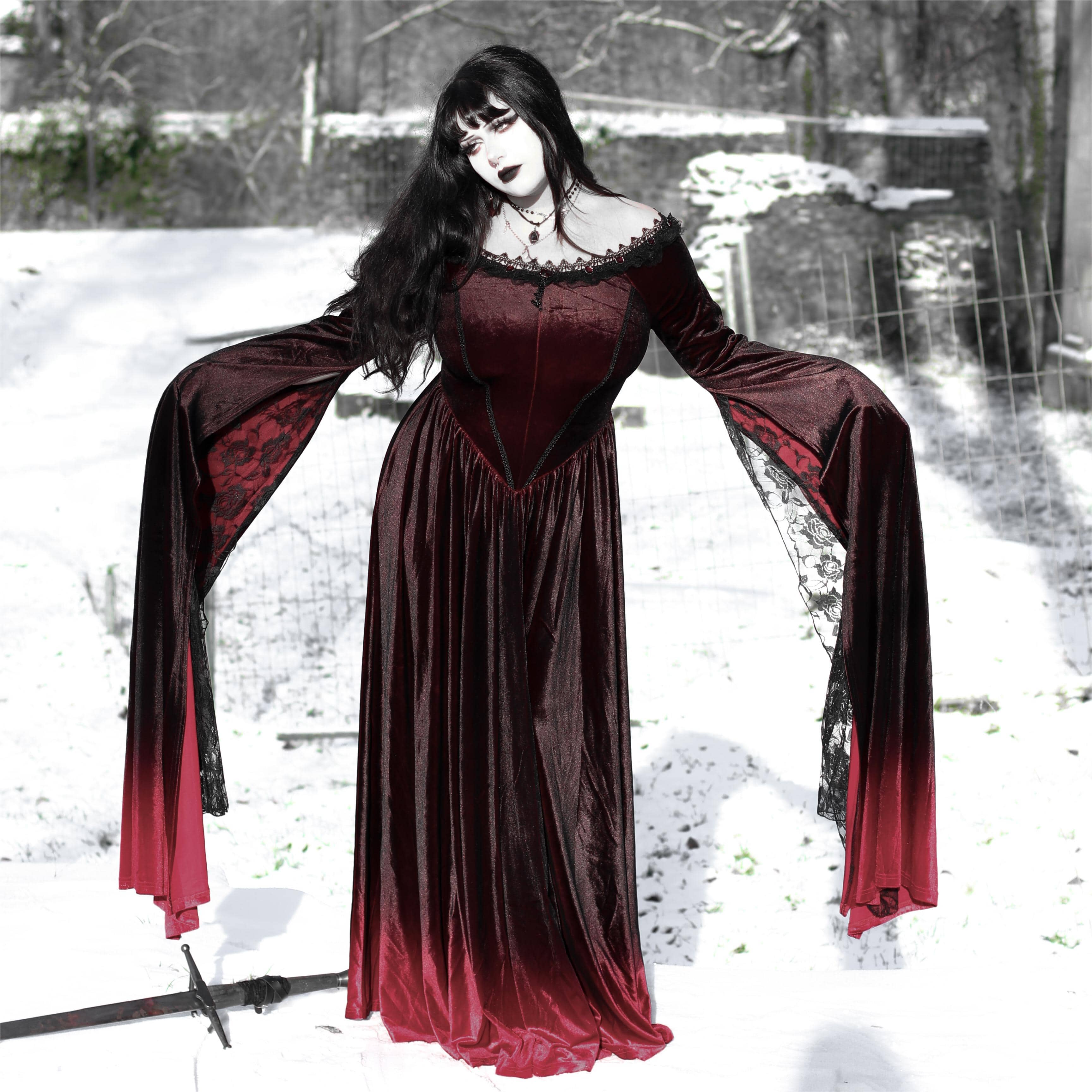 PUNK RAVE Women's Gothic Gradient Off Shoulder Flare Sleeved Maxi Dress Wedding Dress