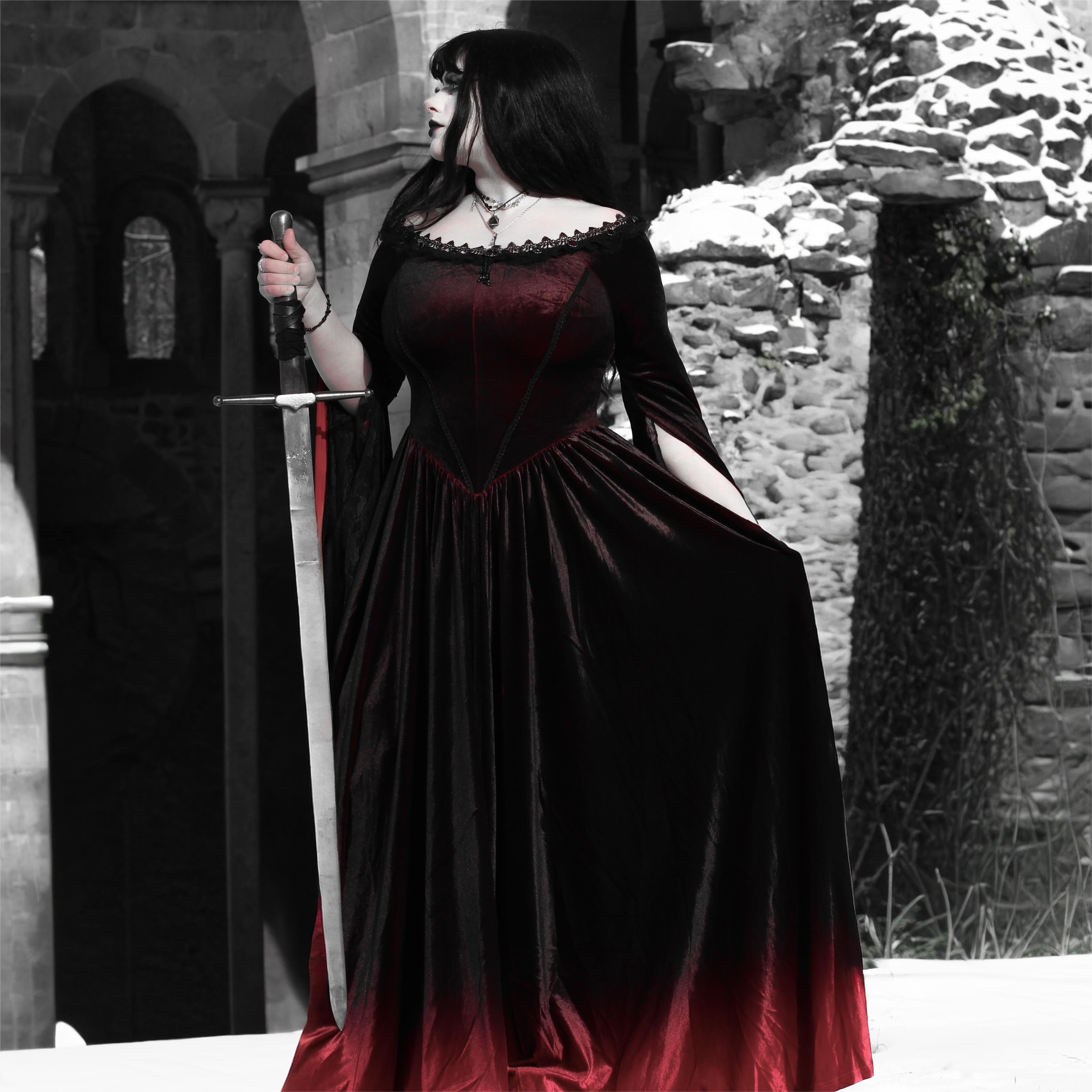 PUNK RAVE Women's Gothic Gradient Off Shoulder Flare Sleeved Maxi Dress Wedding Dress