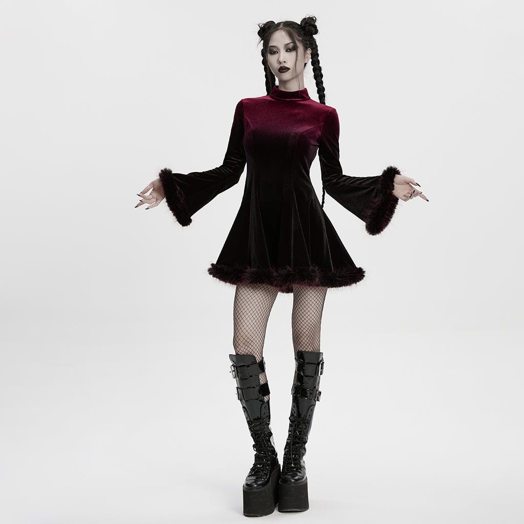 PUNK RAVE Women's Gothic Gradient Velvet Dress Red