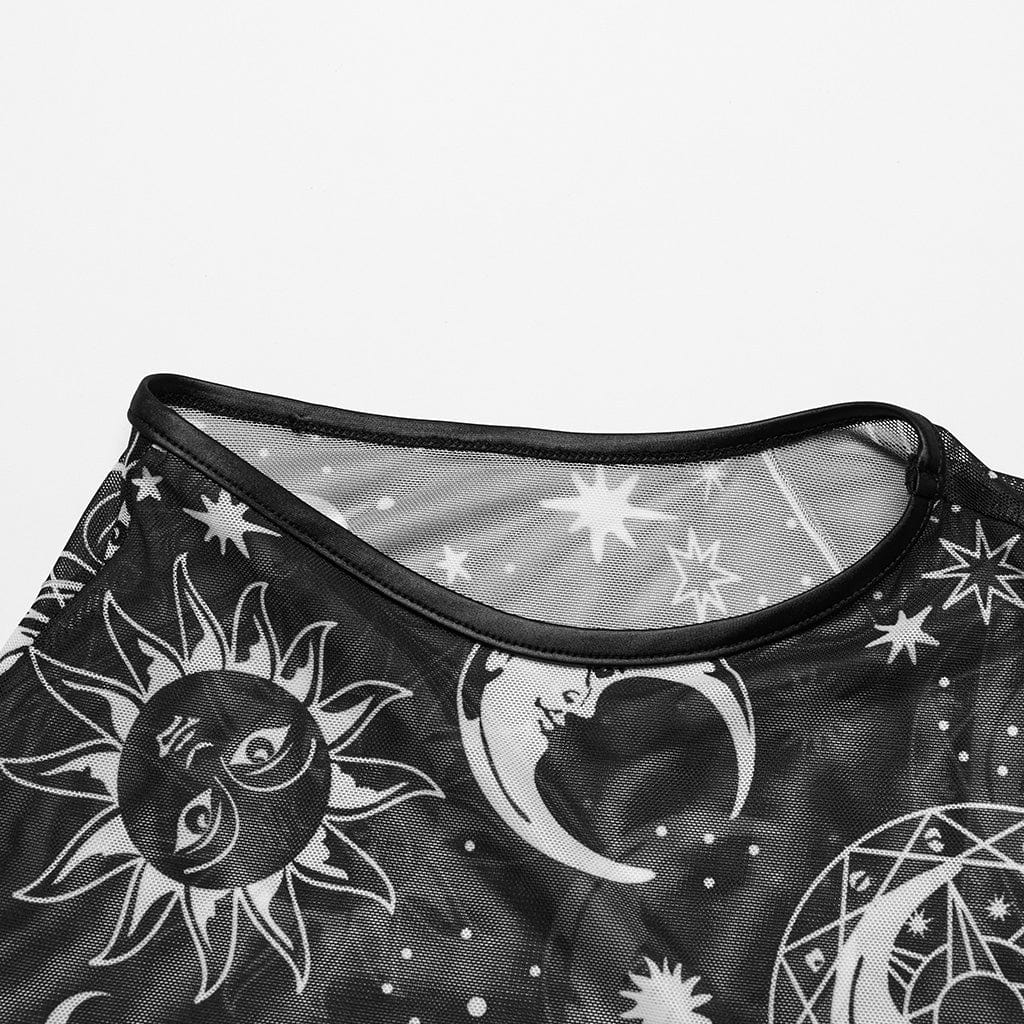 PUNK RAVE Women's Gothic Half-high Collar Sun Mesh Tank Top