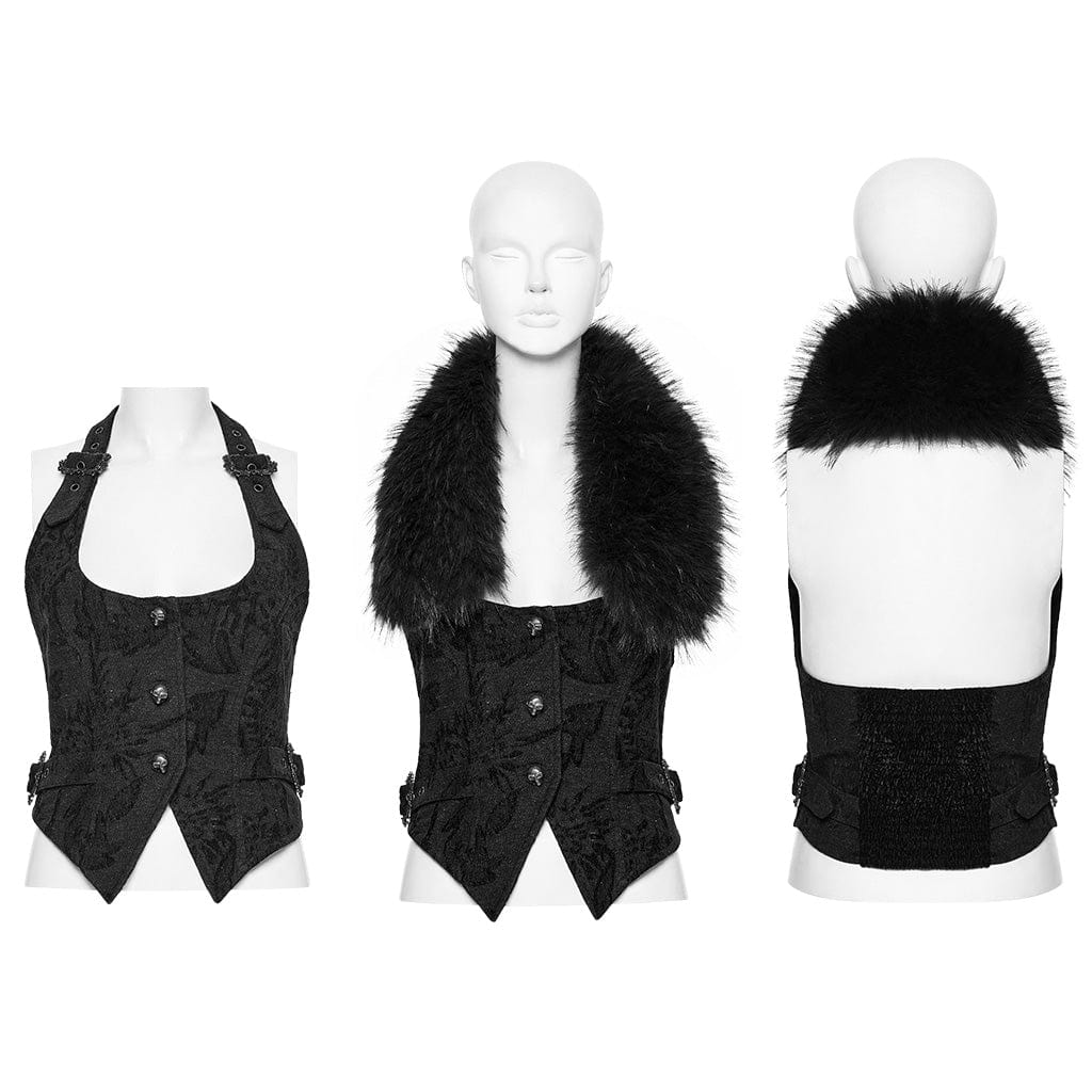 PUNK RAVE Women's Gothic Halterneck Jacquard Denim Vest with Faux Fur Collar Black