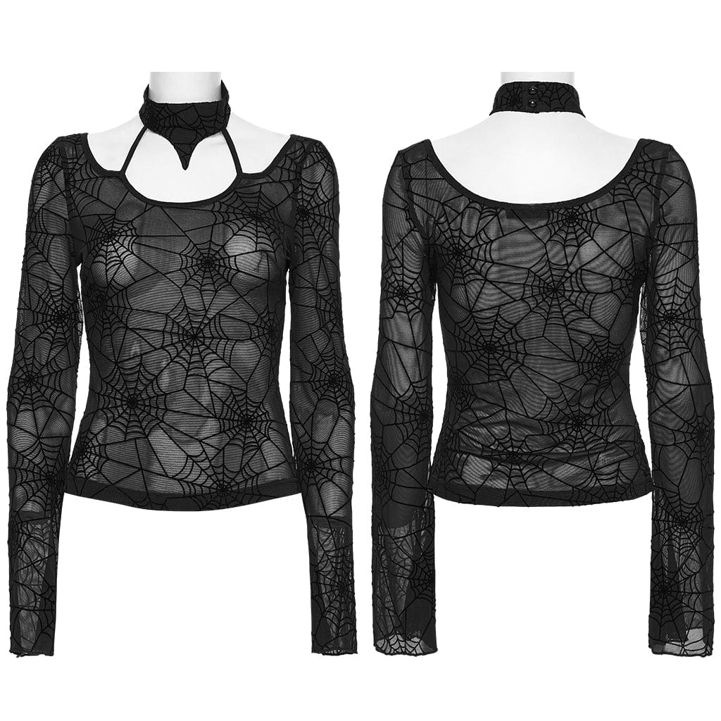 PUNK RAVE Women's Gothic Halterneck Spider Web Mesh Top Black
