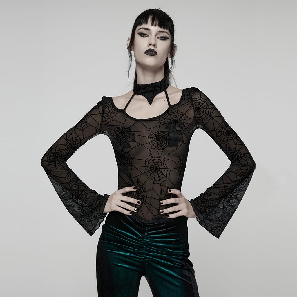 PUNK RAVE Women's Gothic Halterneck Spider Web Mesh Top Black