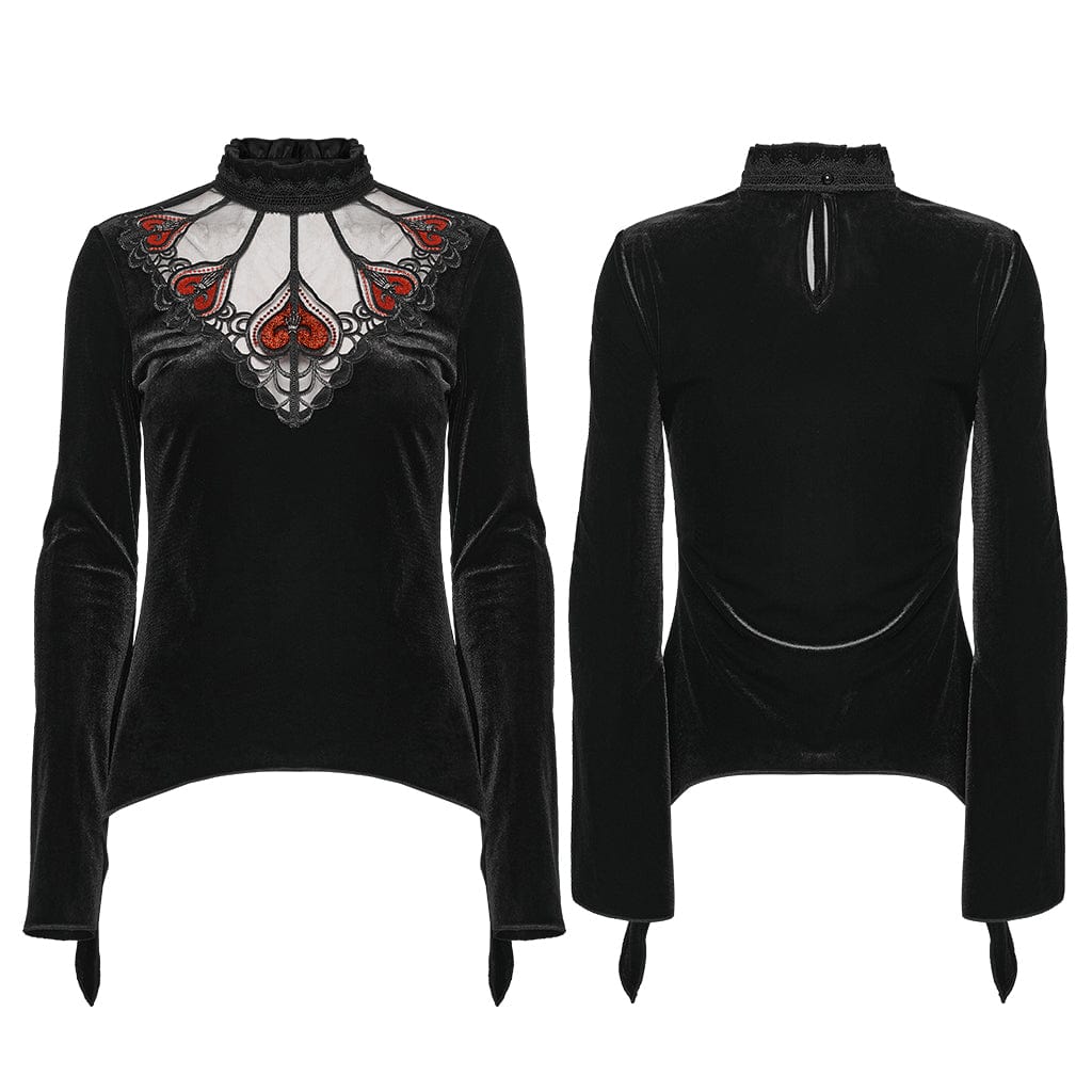 PUNK RAVE Women's Gothic Heart Embroideried Long Sleeved Top