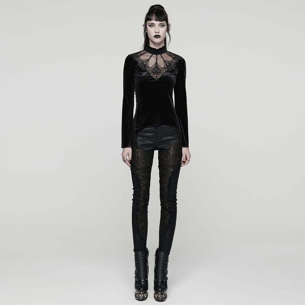 PUNK RAVE Women's Gothic Heart Embroideried Long Sleeved Top Black