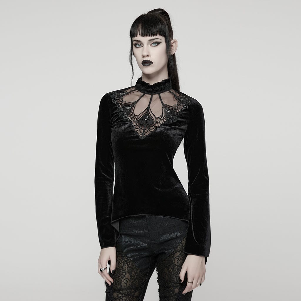 PUNK RAVE Women's Gothic Heart Embroideried Long Sleeved Top Black