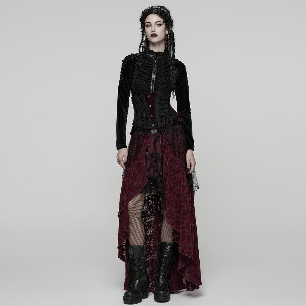 PUNK RAVE Women's Gothic High-low Hem Lace Skirt Red